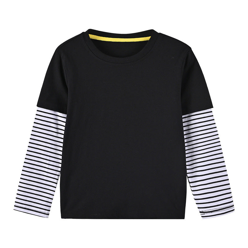 Boys And Girls Striped Sleeve Patchwork O-Neck Fake 2-Pieces Hoodie In Autumn-3