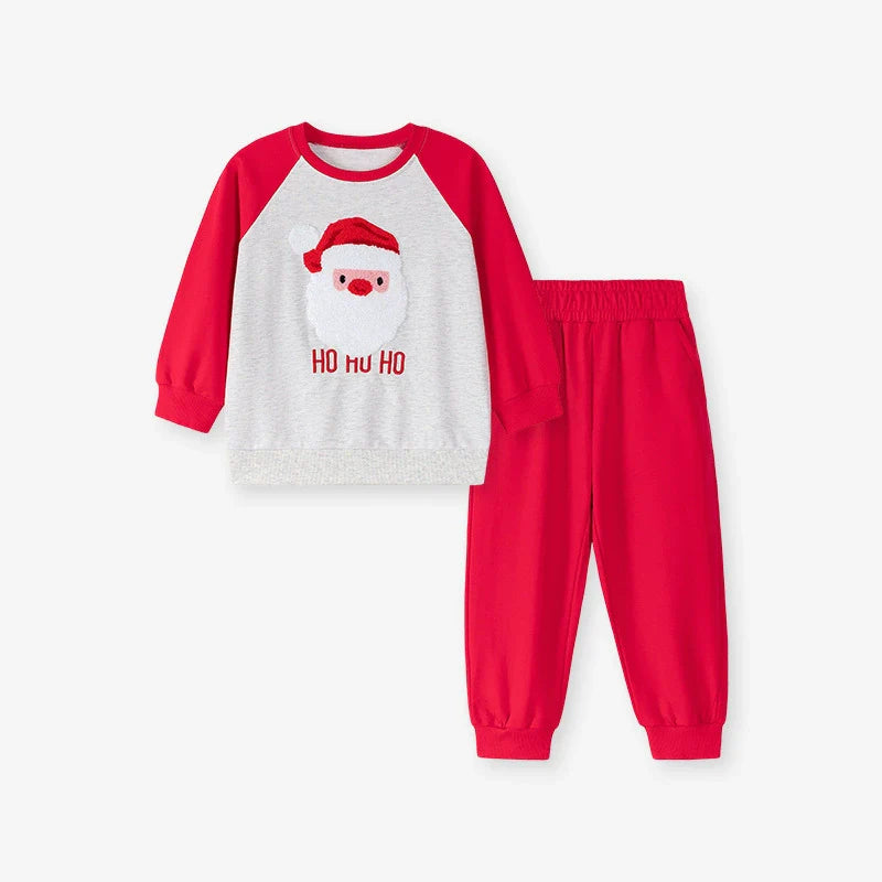 Spring and Autumn Boys Christmas Cartoon Pattern Long Sleeves Color Patchwork Sweatshirt and Pants Clothing Set-0