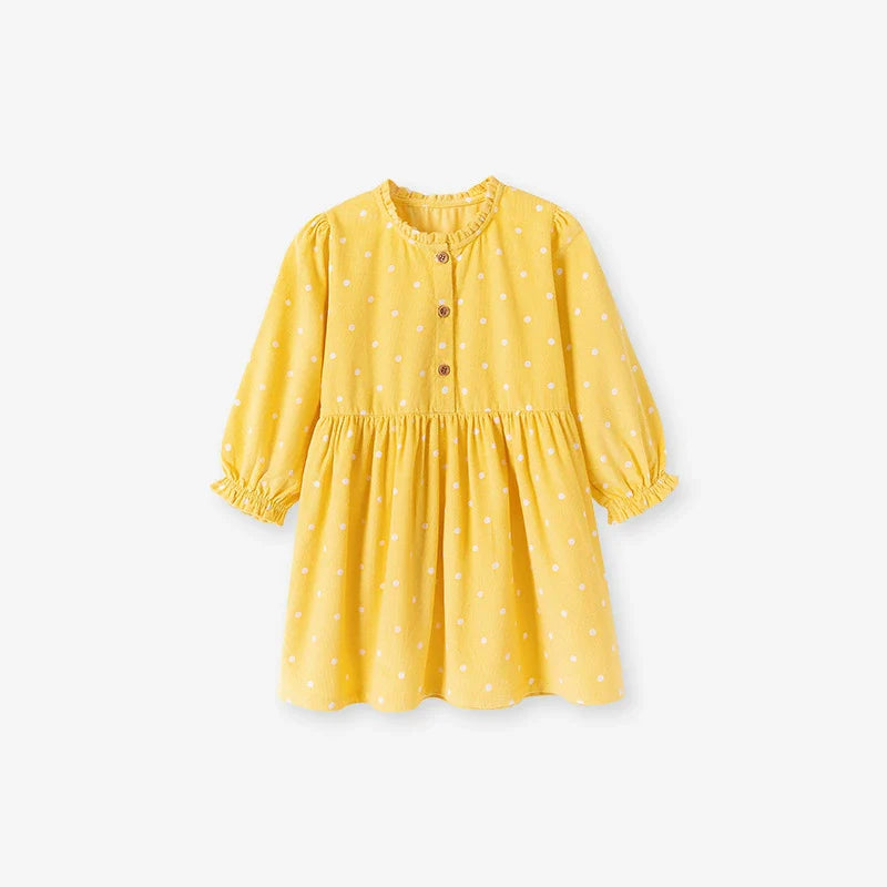 Autumn and Spring Arrival Princess Dots Pattern Long Sleeves Corduroy Dress for Stylish Girls-0