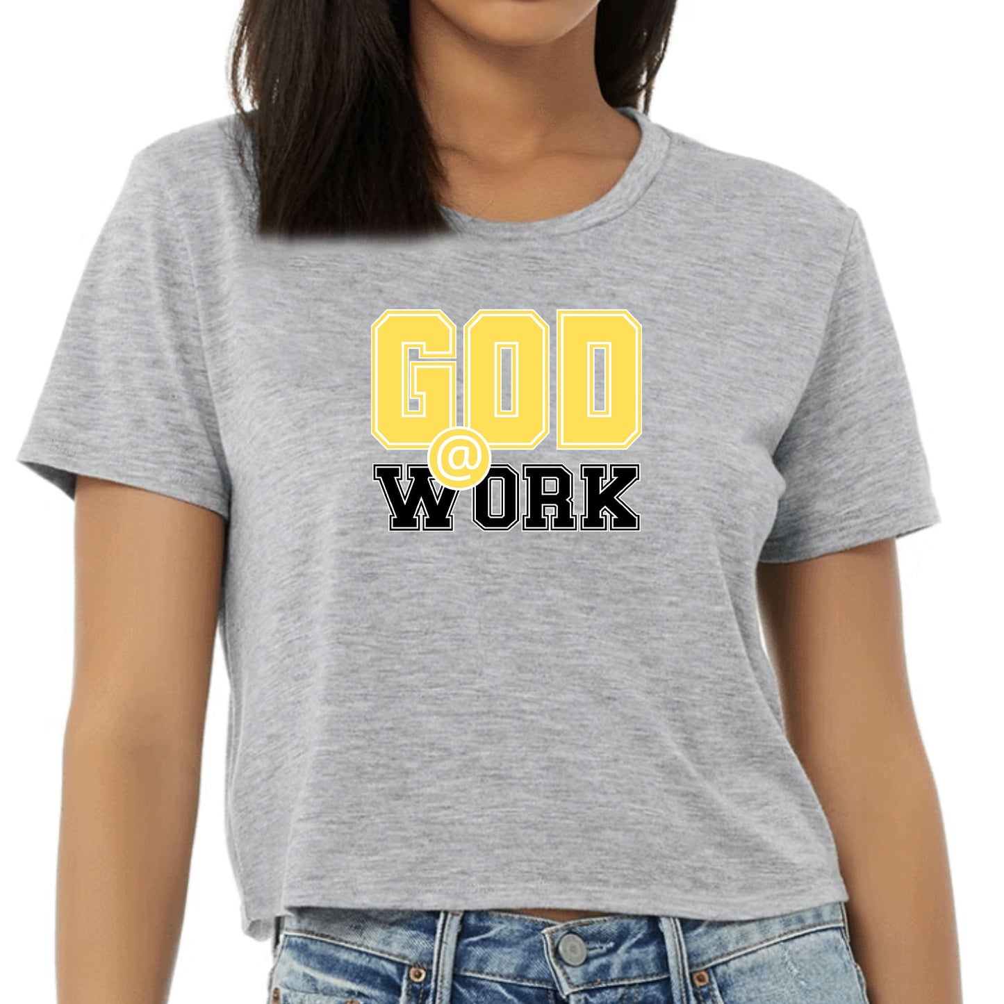 Womens Cropped Graphic T-shirt - God @ Work Yellow and Black Print-7