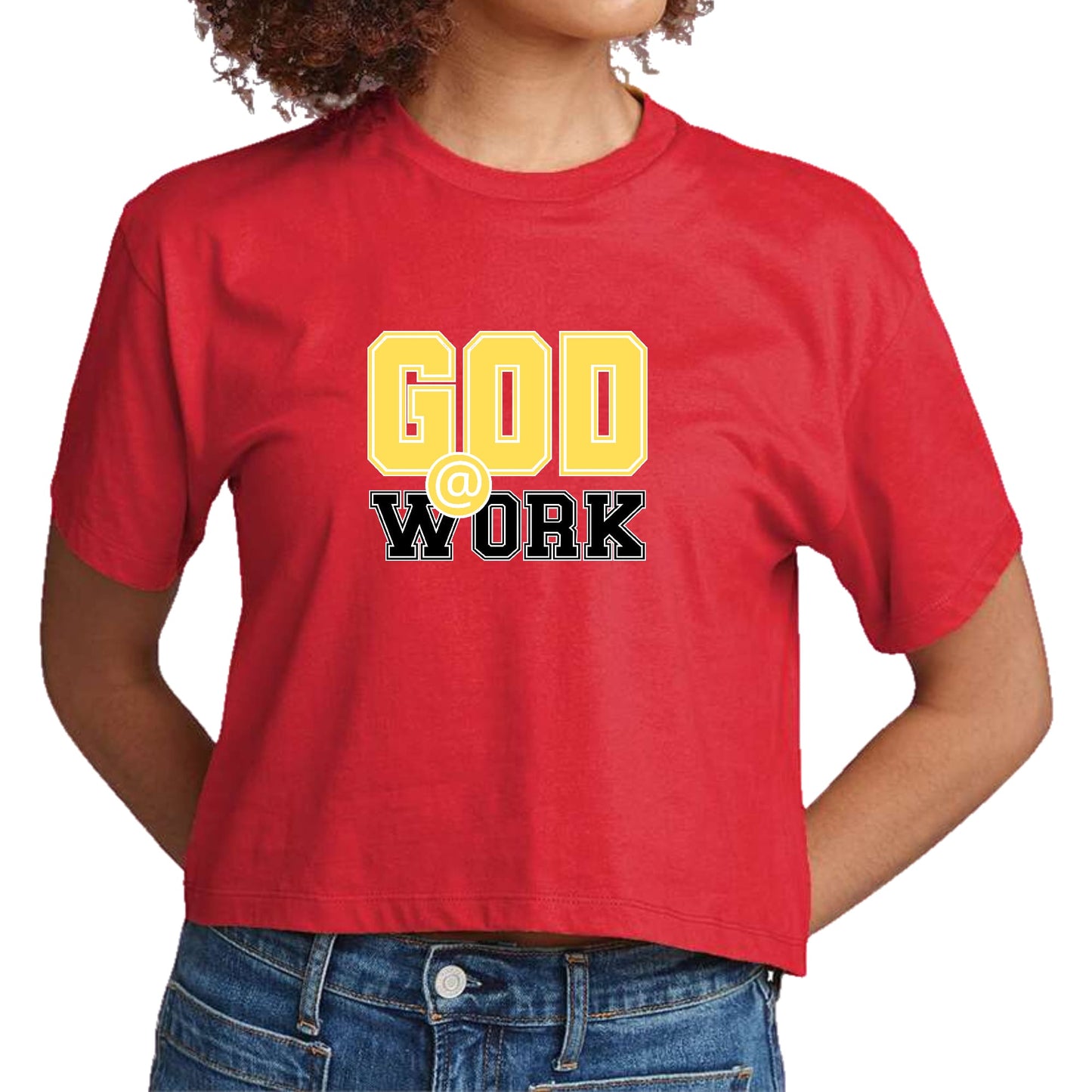 Womens Cropped Graphic T-shirt - God @ Work Yellow and Black Print-1