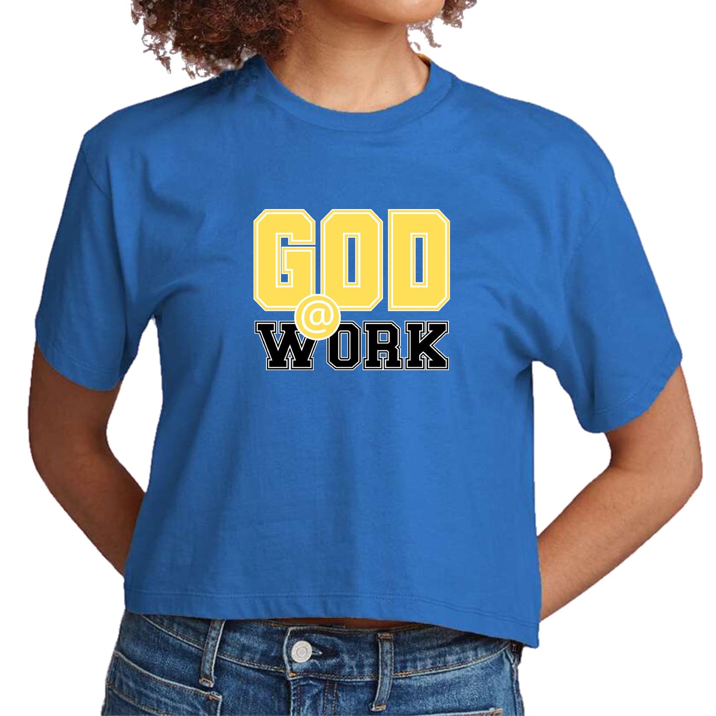 Womens Cropped Graphic T-shirt - God @ Work Yellow and Black Print-2