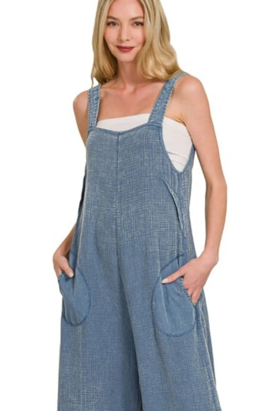 Zenana Double Gauze Washed Wide Leg Overalls-1
