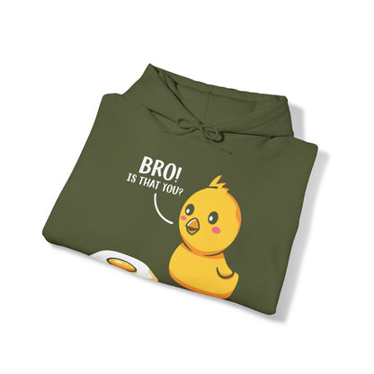 "DirkyThreadz 'Bro! Is That You?' Hoodie - Quirky Cartoon Chick and Egg Design"
