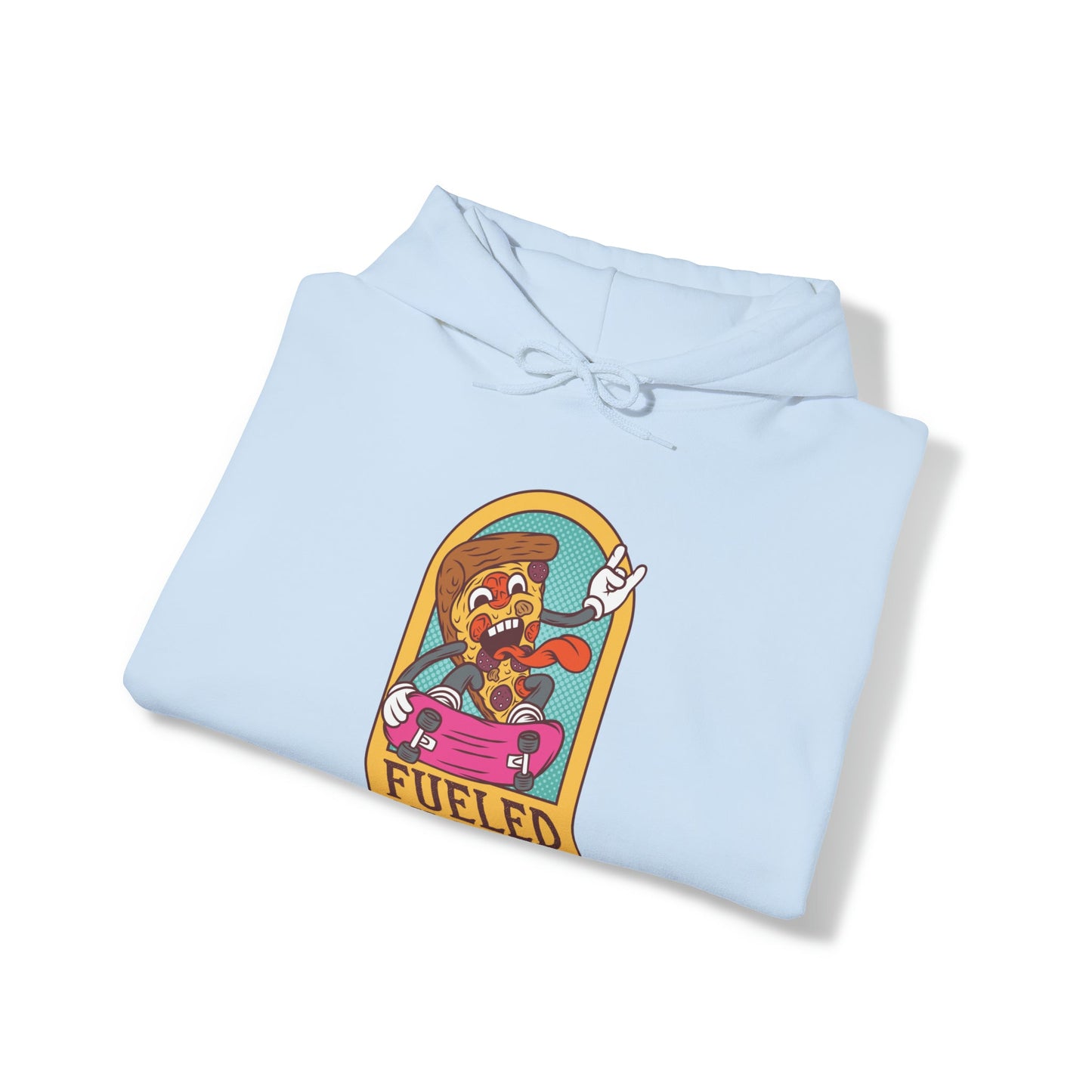 "DirkyThreadz Fueled By Pizza Hoodie - Playful Graphic Design for Pizza Lovers"