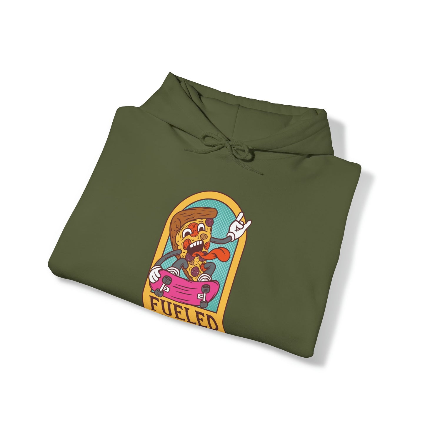 "DirkyThreadz Fueled By Pizza Hoodie - Playful Graphic Design for Pizza Lovers"