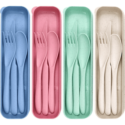 4 Pack Reusable Travel Utensils Set with Case, Wheat Straw Portable Knife Fork Spoons Tableware, Eco-Friendly Cutlery for Kids Adults Travel Picnic Camping Utensils, 4 Colors