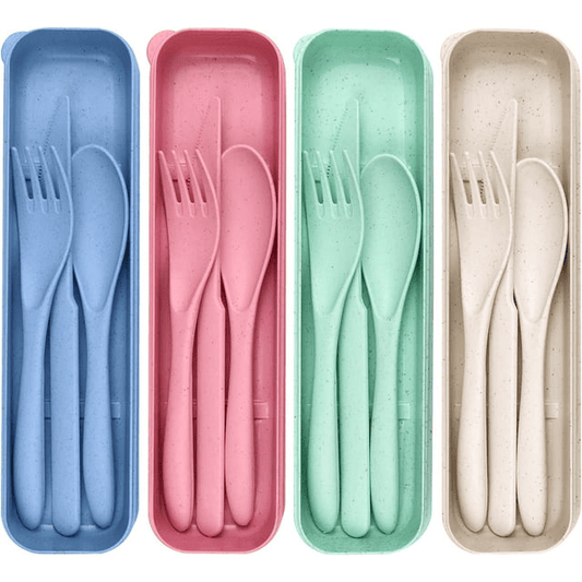 4 Pack Reusable Travel Utensils Set with Case, Wheat Straw Portable Knife Fork Spoons Tableware, Eco-Friendly Cutlery for Kids Adults Travel Picnic Camping Utensils, 4 Colors