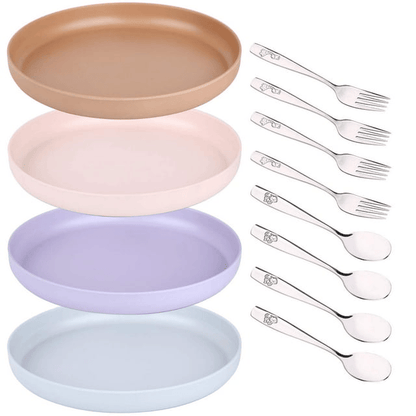 Bamboo Plates and Stainless Steel Silverware Set ¨C (12-Piece) 4 Plates 8 Inch, 4 Forks and 4 Spoons ¨C Eco-Friendly BPA Free, Self Feeding Dishwasher Safe Tableware Set for Preschooler Toddler and Kids