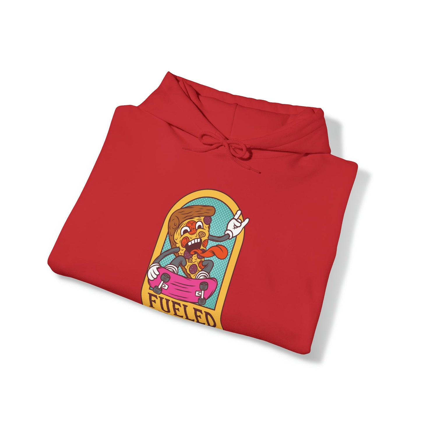 "DirkyThreadz Fueled By Pizza Hoodie - Playful Graphic Design for Pizza Lovers"
