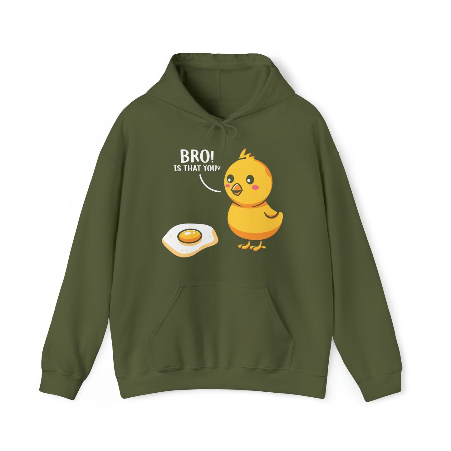 "DirkyThreadz 'Bro! Is That You?' Hoodie - Quirky Cartoon Chick and Egg Design"