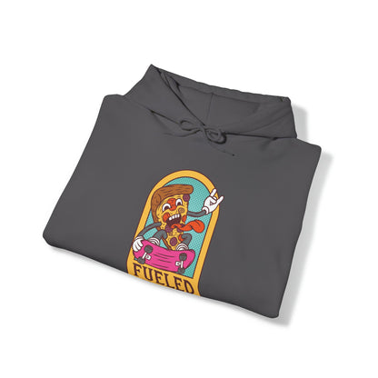 "DirkyThreadz Fueled By Pizza Hoodie - Playful Graphic Design for Pizza Lovers"