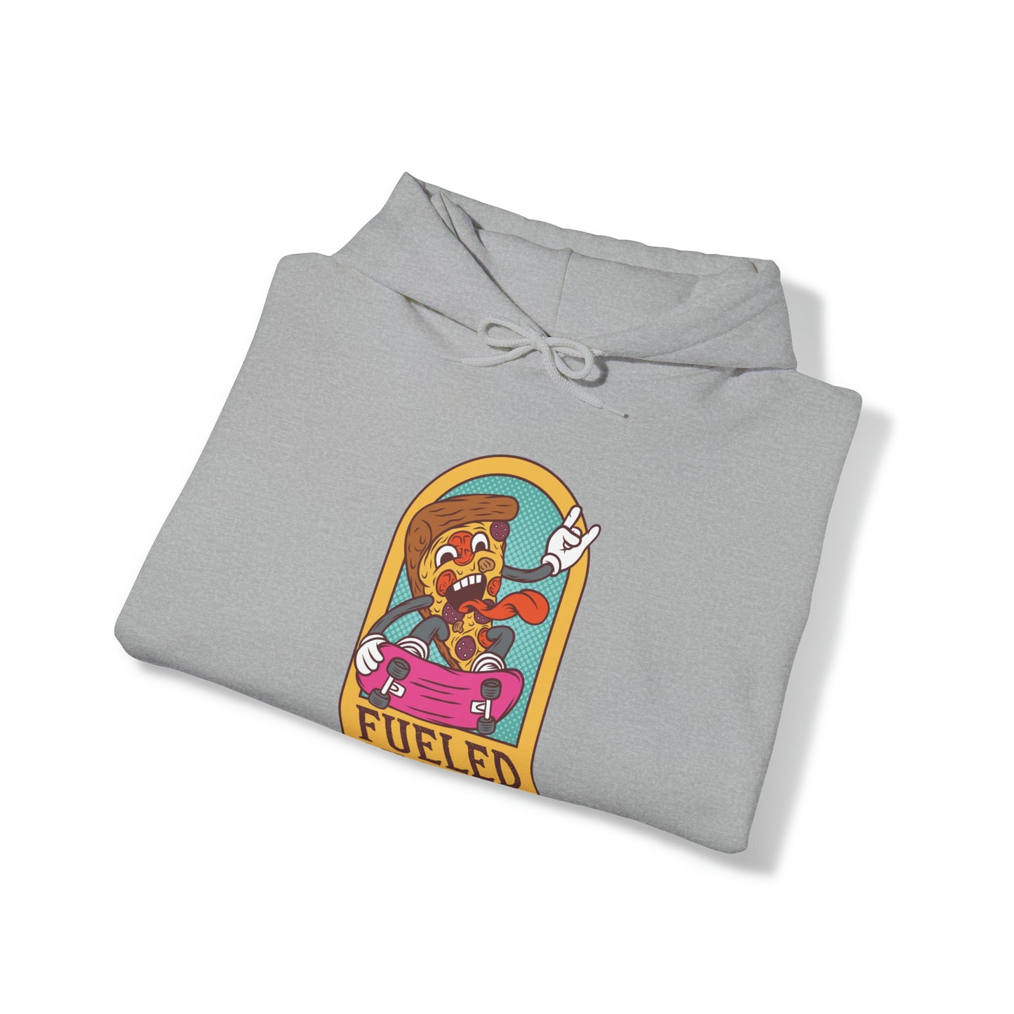 "DirkyThreadz Fueled By Pizza Hoodie - Playful Graphic Design for Pizza Lovers"