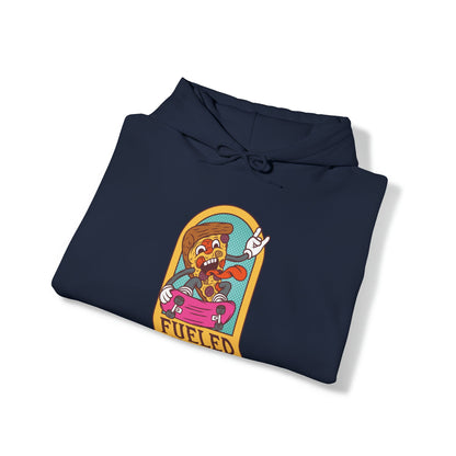 "DirkyThreadz Fueled By Pizza Hoodie - Playful Graphic Design for Pizza Lovers"