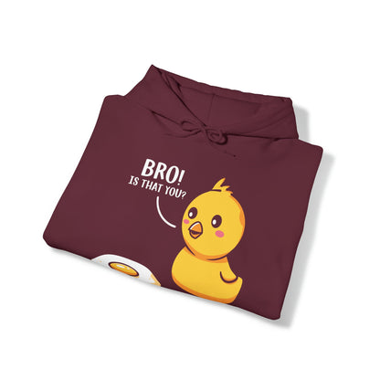 "DirkyThreadz 'Bro! Is That You?' Hoodie - Quirky Cartoon Chick and Egg Design"