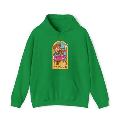 "DirkyThreadz Fueled By Pizza Hoodie - Playful Graphic Design for Pizza Lovers"