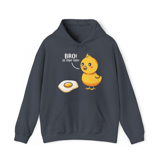 "DirkyThreadz 'Bro! Is That You?' Hoodie - Quirky Cartoon Chick and Egg Design"