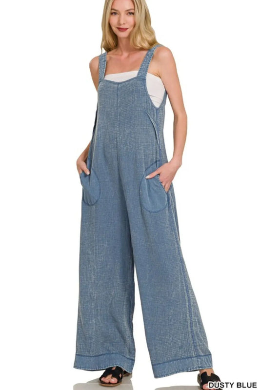 Zenana Double Gauze Washed Wide Leg Overalls-0