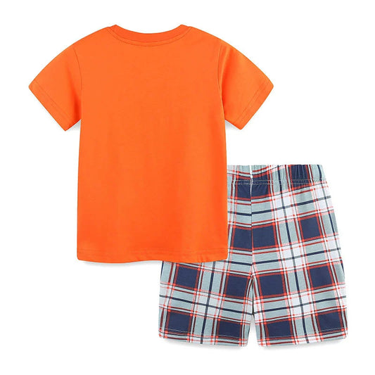 Summer Baby Kids Cartoon Truck Pattern T-shirt and Plaid Shorts Color Patchwork Clothing Set for Boys-1