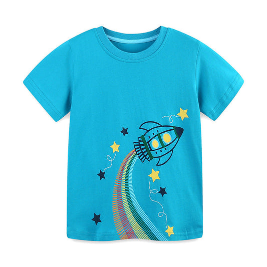 Summer Boys’ Rocket and Stars Cartoon Pattern T-shirt in European and American Style-1