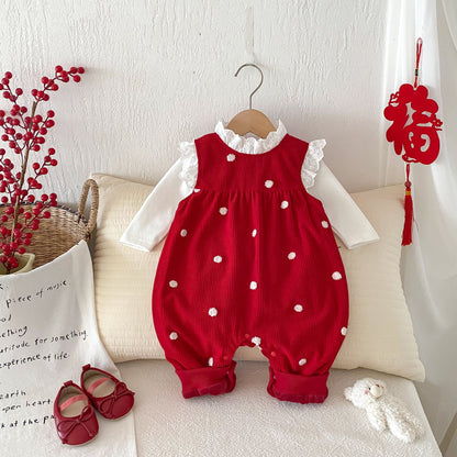 Sping and Winter Arrival Baby Cute Polka Dots Warm Fleece Sleeveless Rompers Vest-0