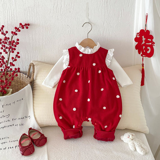 Sping and Winter Arrival Baby Cute Polka Dots Warm Fleece Sleeveless Rompers Vest-0