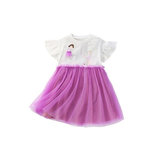 Summer Arrival Cartoon Pattern Fly Sleeves Tulle Patchwork Dress for Stylish Girls-0