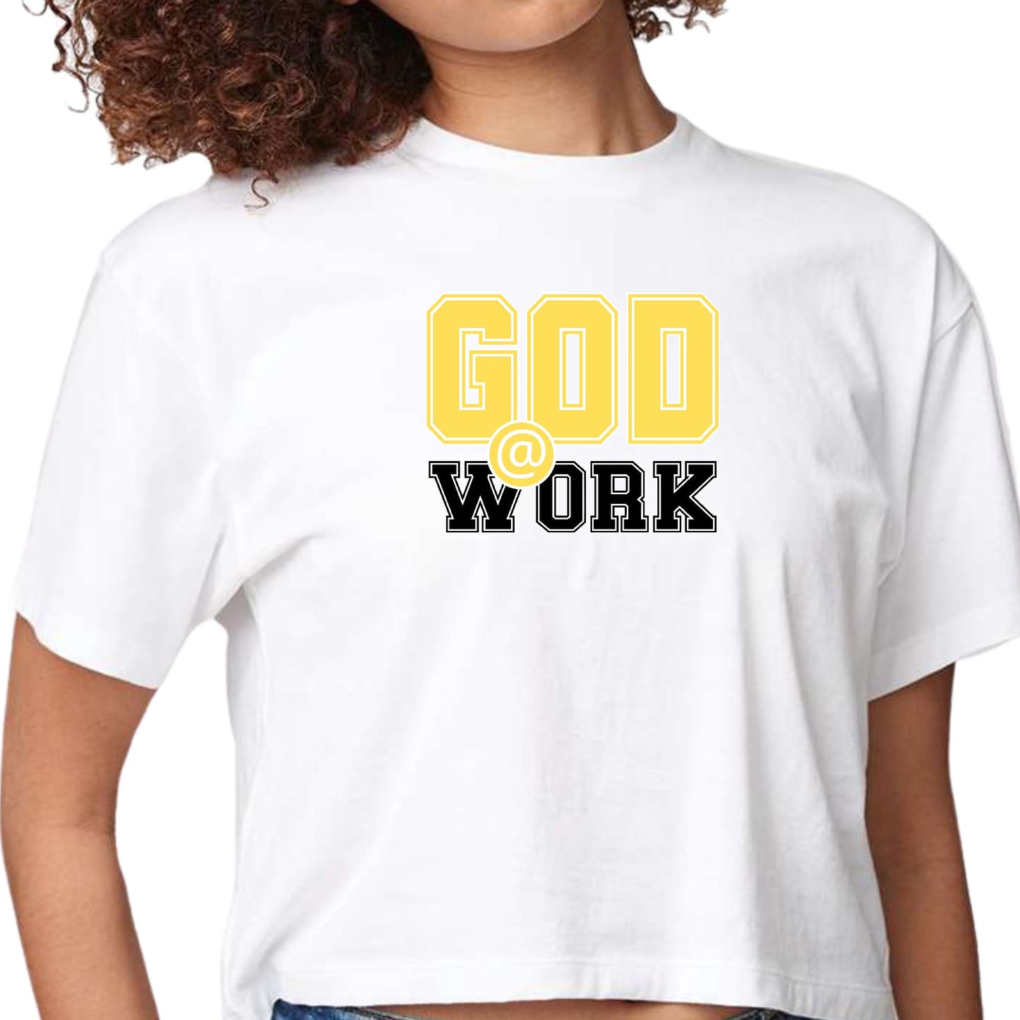 Womens Cropped Graphic T-shirt - God @ Work Yellow and Black Print-0