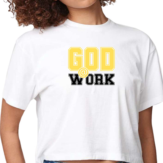 Womens Cropped Graphic T-shirt - God @ Work Yellow and Black Print-0