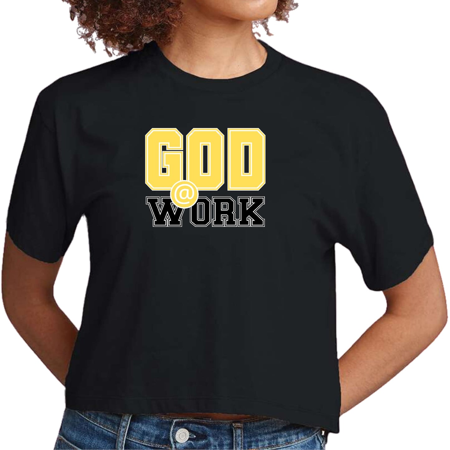 Womens Cropped Graphic T-shirt - God @ Work Yellow and Black Print-3