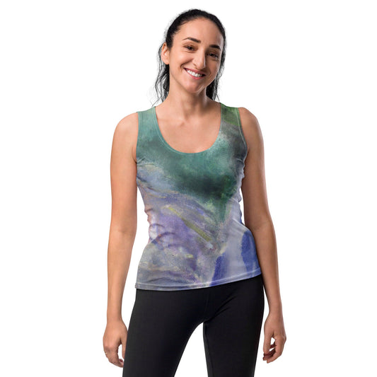 Womens Stretch Fit Tank Top - Purple Watercolor Waterfall Green-0